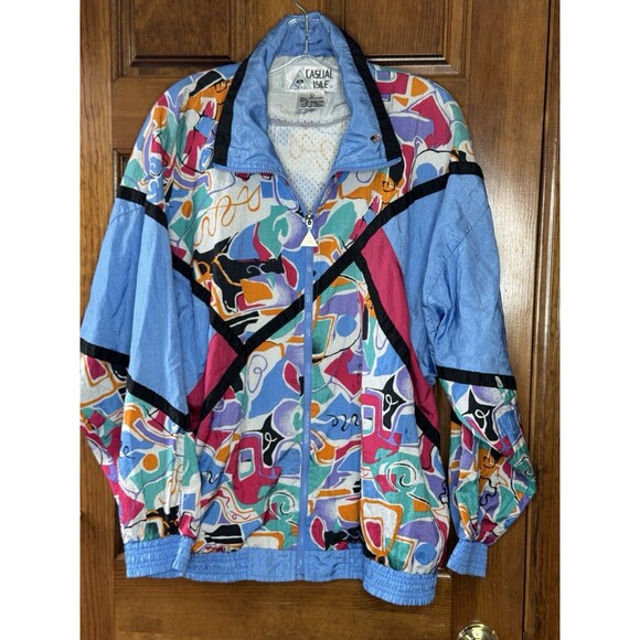Vtg Casual Isle 80s windbreaker Women's size Large Geometric colorful Gma Vibes - Picture 1 of 7